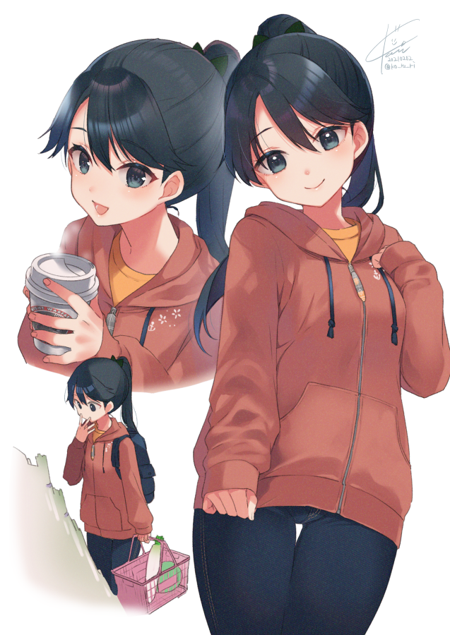 houshou (kancolle) 1girl ponytail pants multiple views black hair bag hood  illustration images