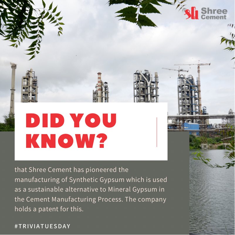 shreecementltd's tweet photo. Did you know that Shree Cement has pioneered the manufacturing of Synthetic Gypsum which is used as a sustainable alternative to Mineral Gypsum in the Cement Manufacturing Process. The company holds a patent for this. #WeAreShree

#ShreeCement #Sustainability #TriviaTuesday https://t.co/4RDieYFxxc