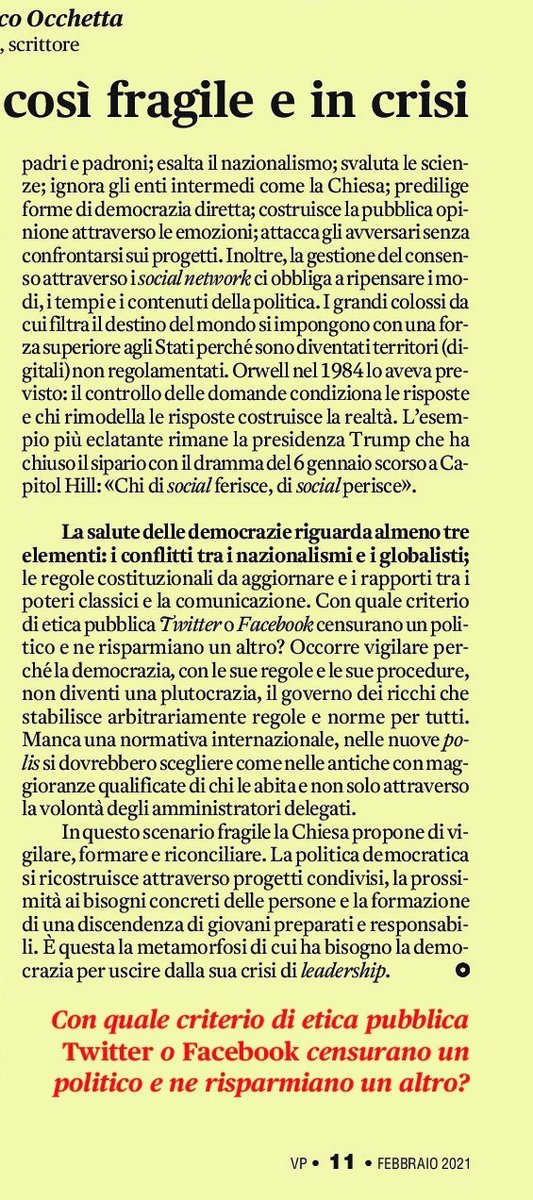 🖋️ "Questa democrazia così fragile e in crisi". 
In uscita su vita Pastorale <a href="/SanPaoloEditore/">Gruppo Editoriale San Paolo</a> , scritto prima della crisi in corso, non è cambiato nulla purtroppo.
Il periodo è grave per tutti, dobbiamo trovare la forza per un colpo d'ali. Ecco la riflessione.