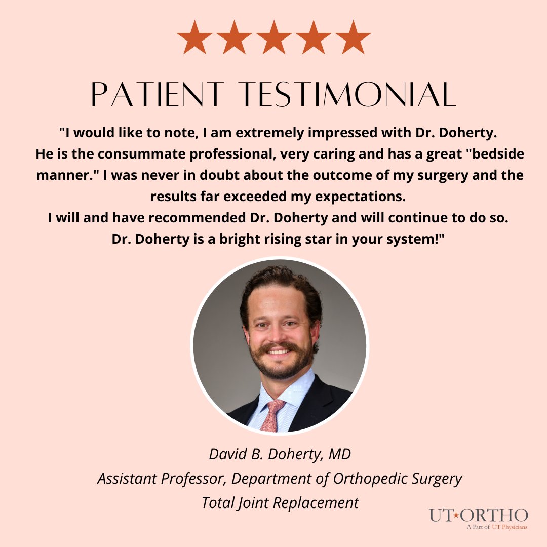 Dr. Doherty performs partial and total joint arthroplasty, and his clinical focus includes both primary and revision hip and knee replacement
#patienttestimonial #fivestarreviews #tuesdaytestimonial #orthopedics #totaljoints #hipreplacement #kneereplacement #orthopedicsurgery