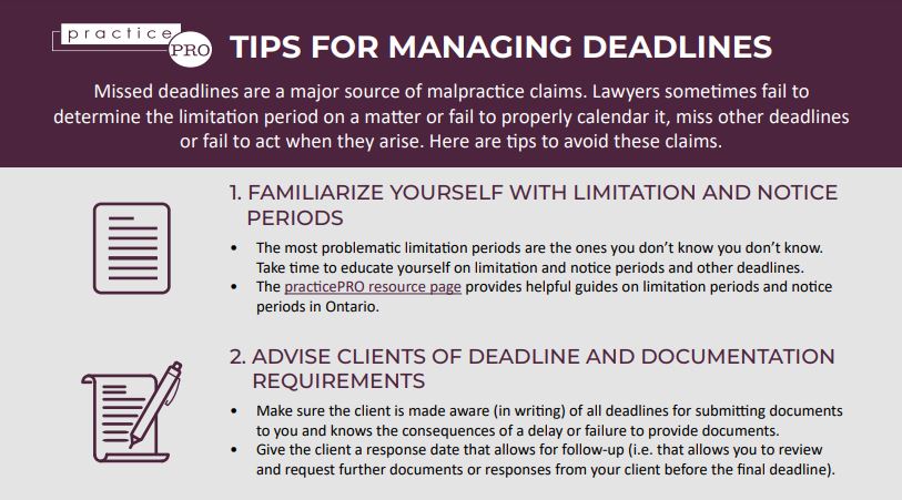 Keeping track of limitation periods and deadlines can be difficult. Our new <a href="/practicePRO/">practicePRO</a> 'Tips for Managing Deadlines' resource can help you better manage your time. #TipsTuesday #TimeManagement 
practicepro.ca/wp-content/upl…