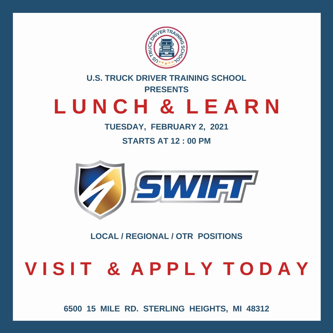USTDTS's tweet photo. @SwiftTransport  is here today at 12:00 PM for a Lunch &amp; Learn session! #FortheLoveofTrucking #USTDTS #career #CDLcareers #CDLjobs #ClassACDL #truckdriverjobs #truckdrivingjobs #truckingjobs #metrodetroit #macombcounty #oaklandcounty #waynecounty #jobhunt2021 #job #truck https://t.co/sQQiRkXp9c