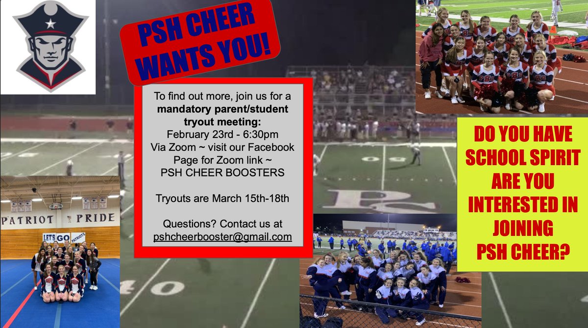 Cheer tryouts are right around the corner!!!! 
Join us on February 23rd at 6:30pm for an informational meeting.  We will post the Zoom link closer to meeting night.
