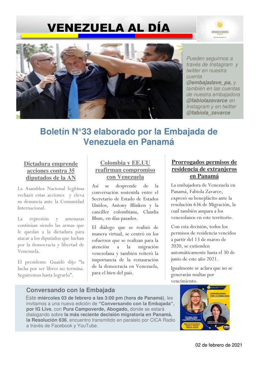 EmbajadaVE_PA's tweet photo. Boletín N° 33 de la Embajada de Venezuela en Panamá

#News https://t.co/niAcYmkZow