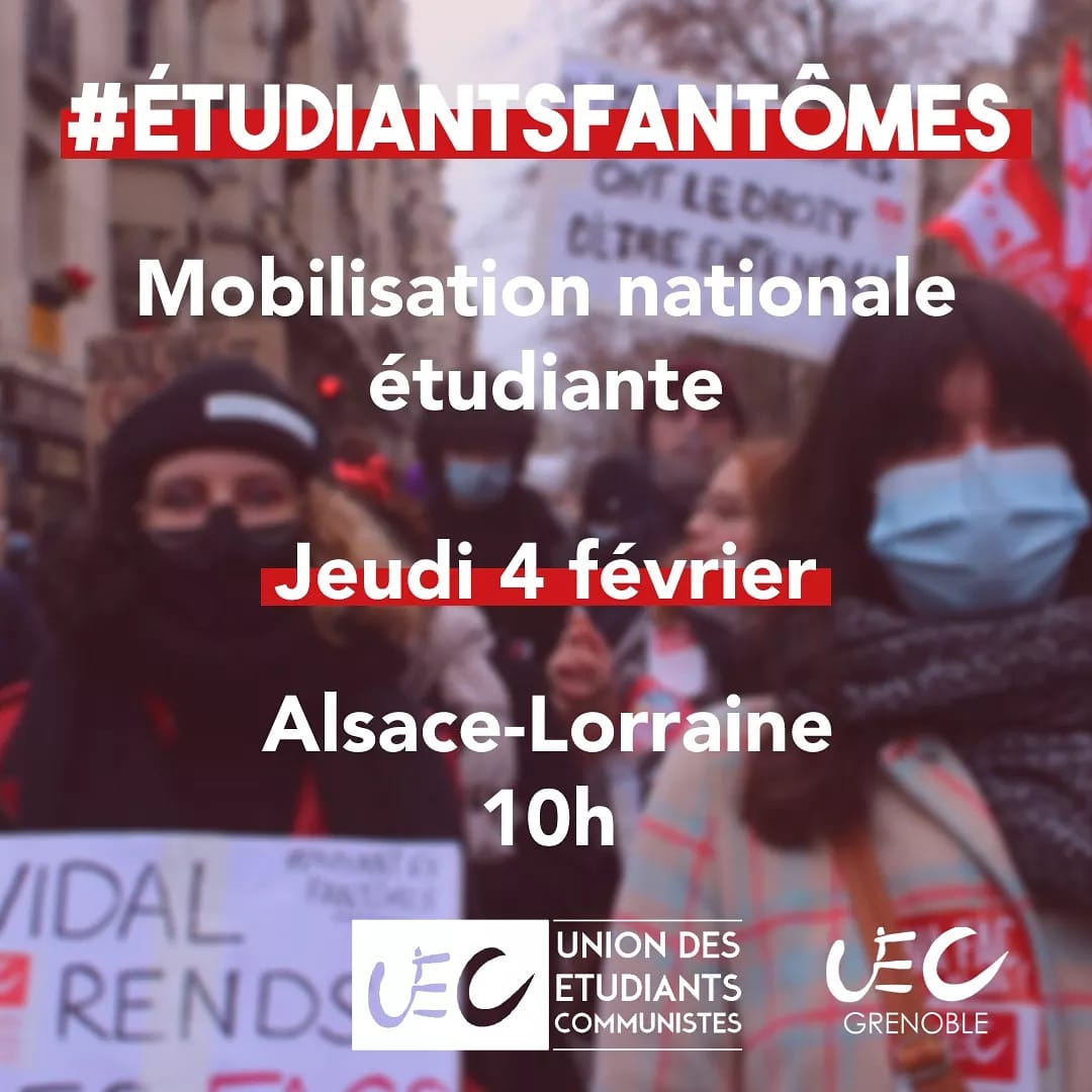 On se retrouve jeudi 4 février - 10h à Alsace Lorraine pour la manifestation intersyndicale

👉 Pour une vraie politique afin de permettre la réouverture des universités

👉 Pour la mise en place d'un revenu etudiant pour reconnaître nos études et lutter contre la précarité