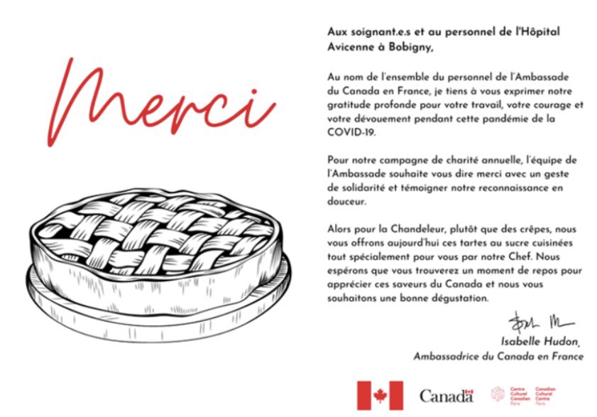 jerome_picaud's tweet photo. Reconnaissance et admiration intactes pour les soignant.e.s &amp; l’hôpital public, toujours en 1ère ligne: 👏🙏Alors pour la  #Chandeleur petit cadeau 🇨🇦 : des... tartes au sucre, offertes par @HudonIsabelle et les collègues d’@AmbCanFrance aux équipes d’@Avicenne_RMuret 
#covid19 https://t.co/Z5wA9UjAyw