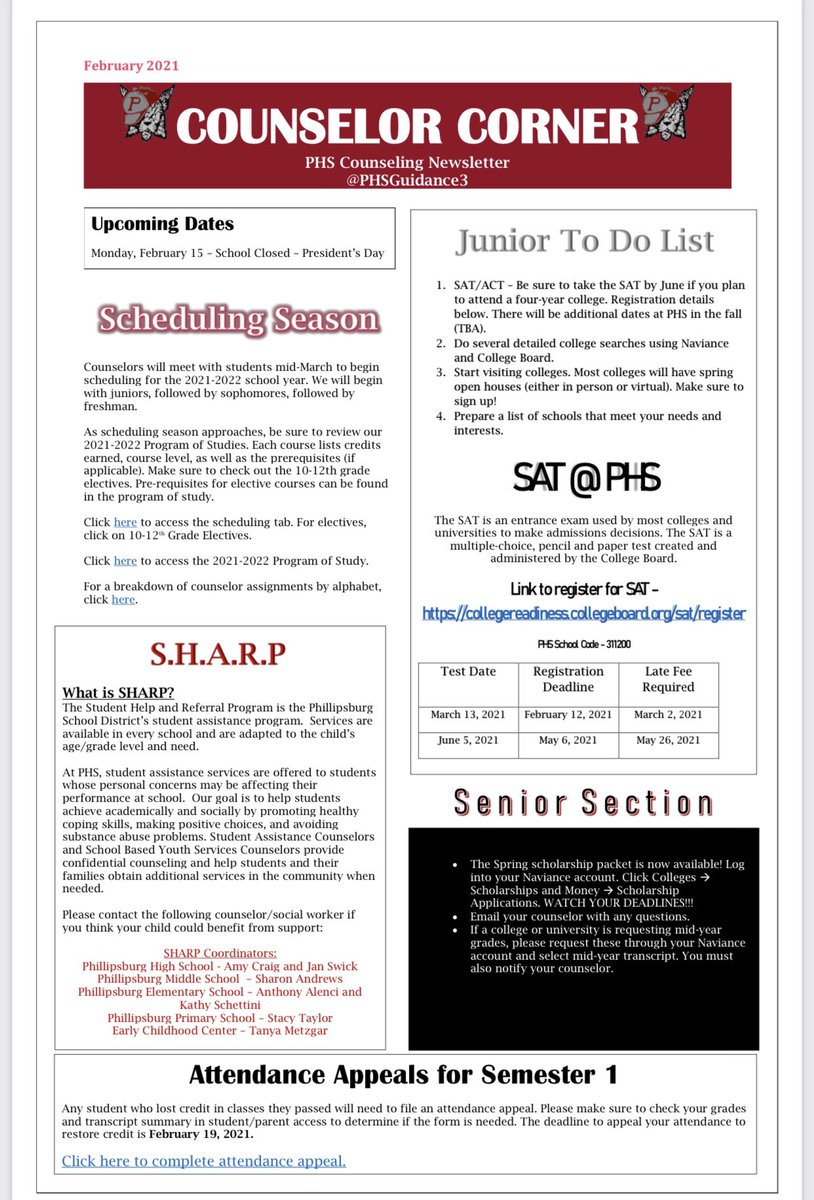 PHSGuidance3's tweet image. Within the past few months &amp;amp; in an effort to communicate more openly with our families, we have initiated a monthly newsletter to share important need to know information coming out of our department. Check out the February newsletter below! ☺️#NSCW2021 #AllInForAllStudents