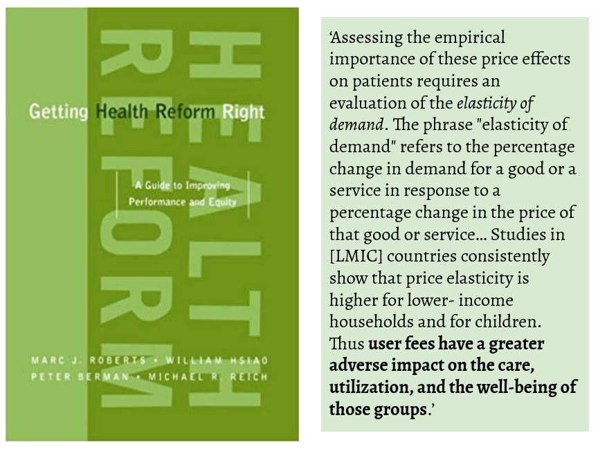 In public health terms, there is a lot of evidence that shows that 'user fees' at the point of service reduces accessibility and utilization of the service. (All of us sure like cashless insurance more than reimbursements, isn't it?)Paying for vaccination = user fees