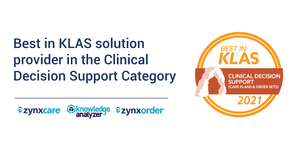 We are honored to have been recognized by <a href="/KLASresearch/">KLAS Research</a> Research as a 2021 Best in KLAS solution provider in the "Clinical Decision Support - Care Plan and Order Sets" category.

#BESTINKLAS2021 #BESTINKLAS #KLAS #KLASRESEARCH #HEALTHCARE