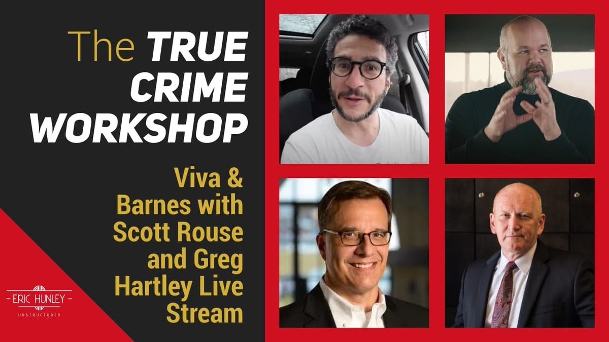 hunleyeric's tweet image. True Crime Workshop with Viva &amp;amp; Barnes and Greg Hartley &amp;amp; Scott Rouse of The Behavior Panel youtube.com/watch?v=yCfkax… Via @unstructuredp it's time to #Discover #EricHunleyLive this is #EricHunleyUnstructured. Exploring human behavior and its consequences...