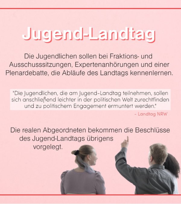 #Bürgerbeteiligung schließt auch junge Menschen ein! 🤵🏼

➡️ Der #Jugendlandtag (u.a. @jltnrw) ist eine Initiative, um für Jugendliche und junge Erwachsene #Politik erlebbar zu machen 🙋🏽📢