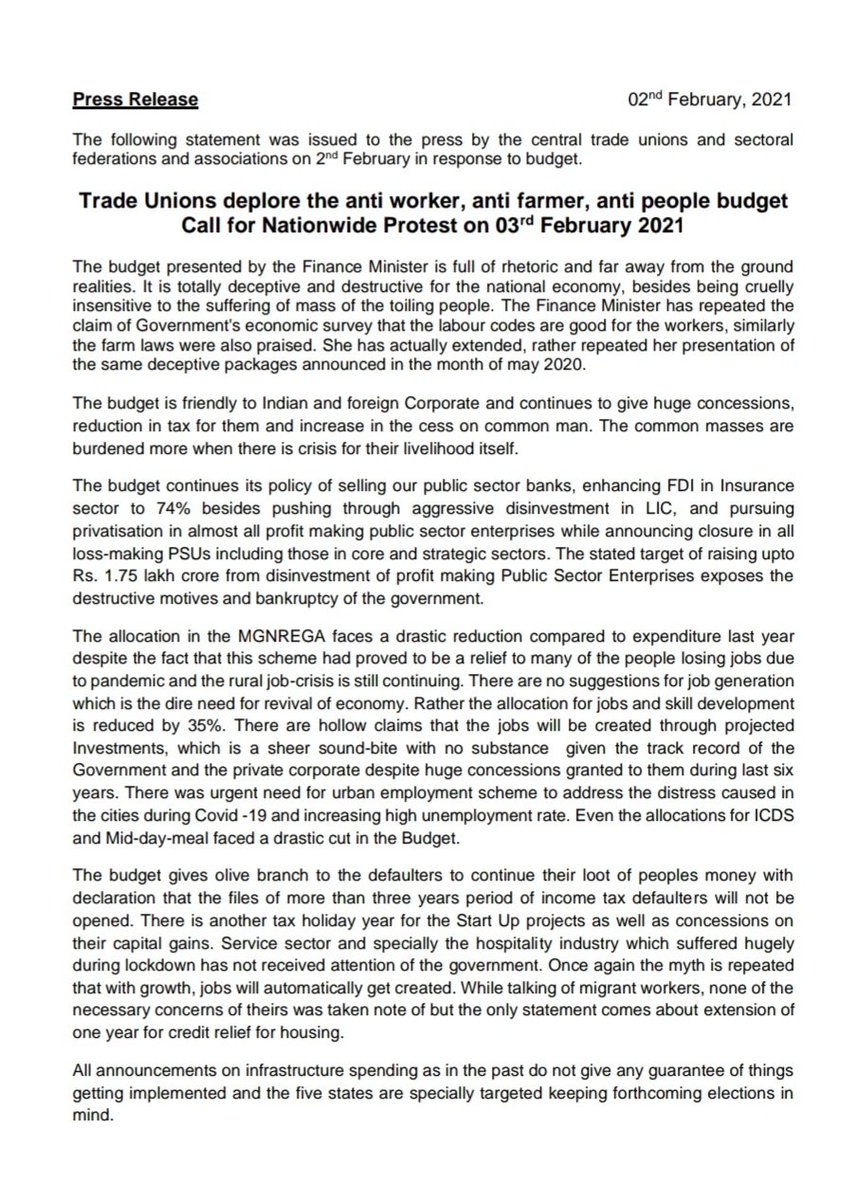 Press Release 02nd February, 2021
The following statement was issued to the press by the #CentralTradeUnions and sectoral 
federations and associations on 2nd February in response to #Budget2021.