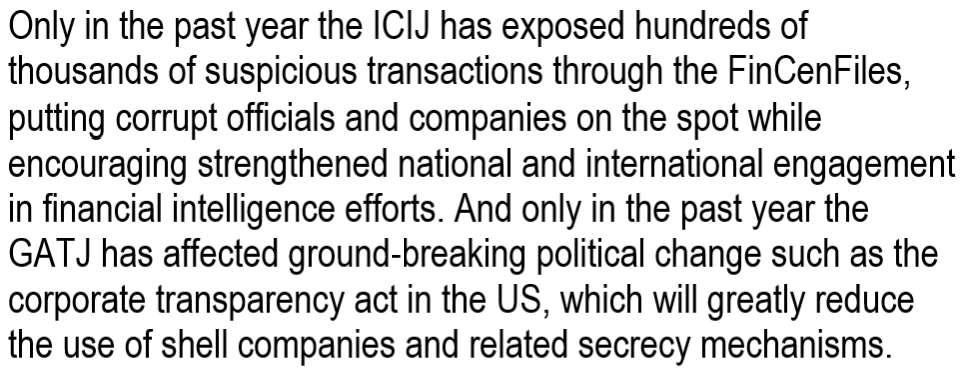 The nomination highlights important contributions, from the ICIJ's  #FinCen leaks to GATJ's role in opening up beneficial ownership secrecy in the United States. 10/n