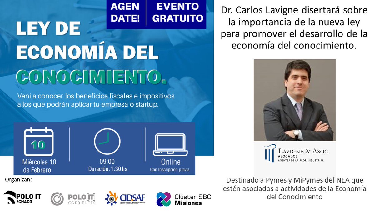 ClusterSBCMis's tweet photo. Invitamos participar de este nuevo evento que tiene por objetivo promocionar la LEC como potencial herramienta para las MicroPymes y Empresas constituidas.

Para participar de la misma les pedimos se inscriban previamente mediante el siguiente formulario: https://t.co/VZLqZuMZvB https://t.co/yCEiOXYVvH