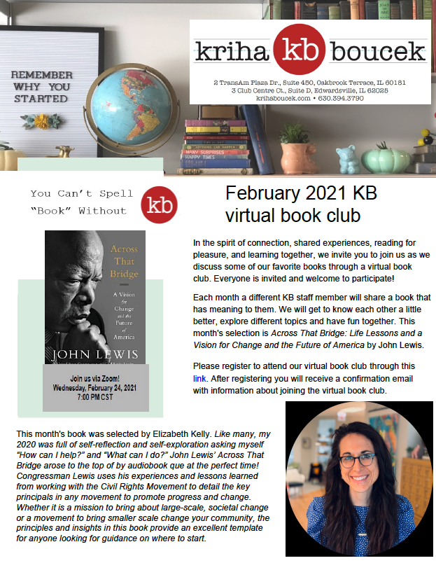 krihabouceklaw's tweet photo. 📚February #BookClub 📚

This months book is Across That Bridge: A Vision for Change and the Future of America by John Lewis, selected by @ElizabethK_91! 

Zoom: Feb 24th 2021, 7pm CST 
We hope you will join us! 

Register: 
https://t.co/OUMxPv3fFk https://t.co/yqp7kQz5ux