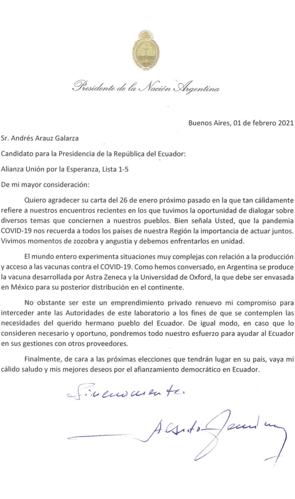 Fernández ratificó respaldo a Arauz Galarza, aunque aclaró que vacuna de AstraZeneca "es un emprendimiento privado"