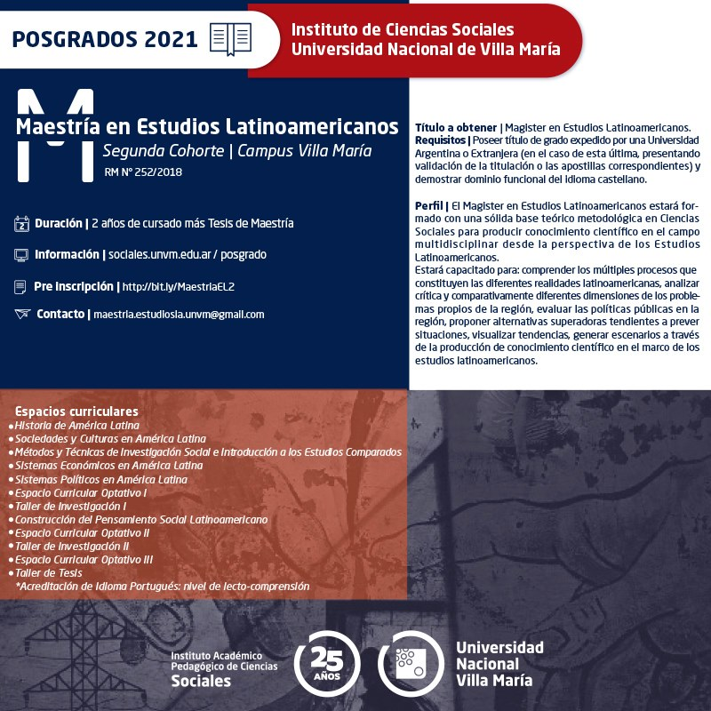 UNVM's tweet photo. 🌎MAESTRÍA EN ESTUDIOS LATINOAMERICANOS - Preinscripciones abiertas - #IAPCS

📋Se encuentra abierta la preinscripción de la maestría que comenzará a partir del mes de abril.

+ Info:  https://t.co/ZMrWurlCYs
👉Formulario de Preinscripción:   
 https://t.co/MxdFeSXp5z https://t.co/kuv3QFhWdk