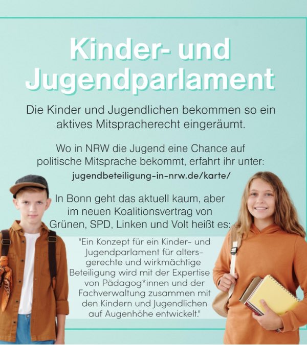 Ein Kinder- und Jugendparlament bietet der #Jugend die Chance #unsereStadt mitzugestalten, ihre Bedürfnisse jetzt und für die Zukunft auszudrücken.

Gibt es schon in einigen #NRW-Städten. In der <a href="/BundesstadtBonn/">Bundesstadt Bonn</a> wurde die Einrichtung nun im Entwurf Koalitionsvertrag festgehalten.