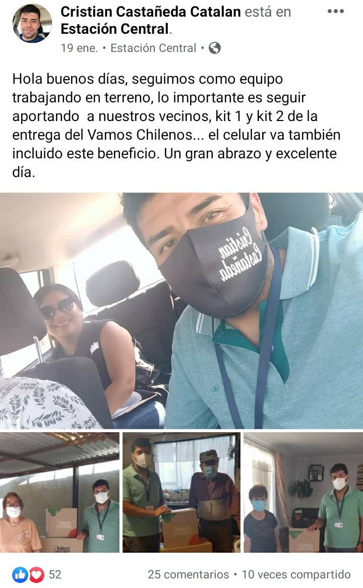 JoviNomas's tweet photo. Todos preguntábamos ¿dnd están los kit de la campaña #VamosChilenos? Y bue: Candidatos a concejal #UDI usan electoralmente donaciones de “Vamos Chilenos” de Don Francisco para campaña en #EstCentral. Se trata de Sebastián Fuentes Gallardo y Cristián Castañeda Catalán. https://t.co/CWnBwdxWfv