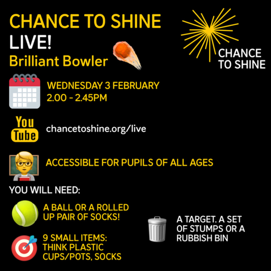Suffolk Cricket ❤️🏏 (@suffolkcricket) on Twitter photo 🚨Schools, Teachers, Parents and Children🚨
<a href="/Chance2Shine/">Chance to Shine</a> are back tomorrow with another LIVE session BRILLIANT BOWLER! Take part at school or at home.
📆 3rd February
⏲️ 2pm (45 mins)
🔗 chancetoshine.org/live
♥️🏏 🚨Schools, Teachers, Parents and Children🚨
<a href="/Chance2Shine/">Chance to Shine</a> are back tomorrow with another LIVE session BRILLIANT BOWLER! Take part at school or at home.
📆 3rd February
⏲️ 2pm (45 mins)
🔗 chancetoshine.org/live
♥️🏏
