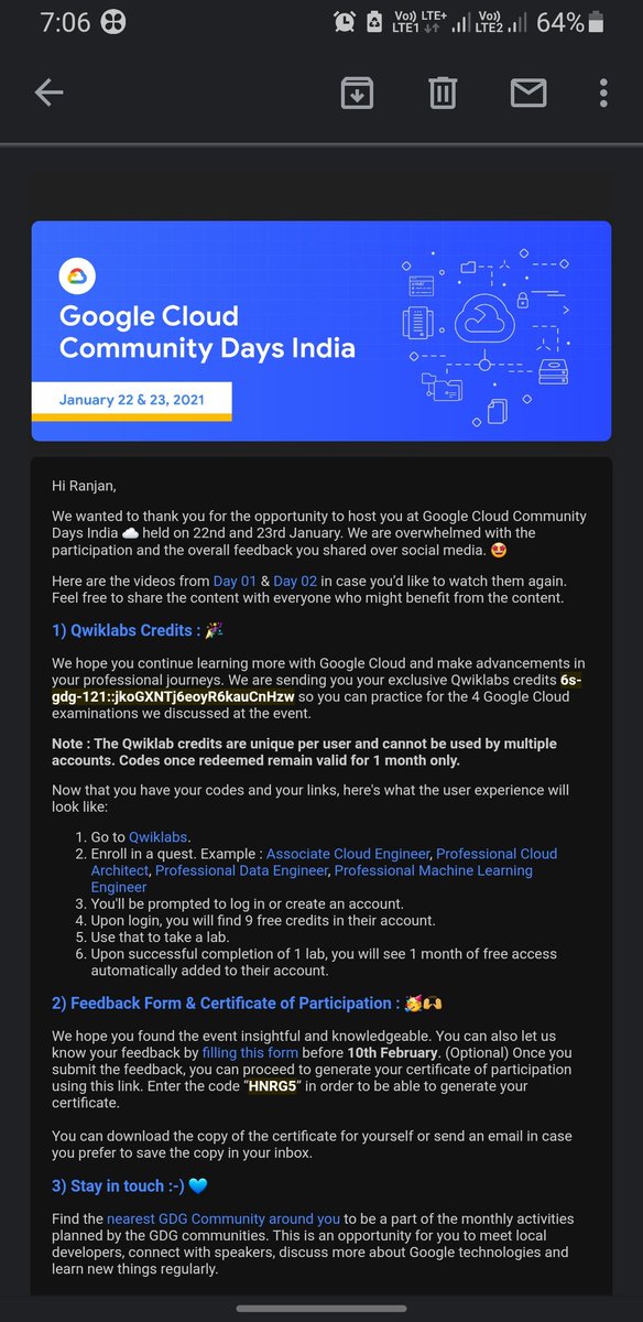 Rksunil6's tweet photo. Thank you very much @GDGIndia @GooglePayIndia @GoogleIndia @GoogleDevsIN for giving me this certificate & #quicklabs credits .. again thank you very much ..😍😍😘😘 #googlecloudcommunitydayindia #GCCDIndia https://t.co/VbXgdQGzeQ