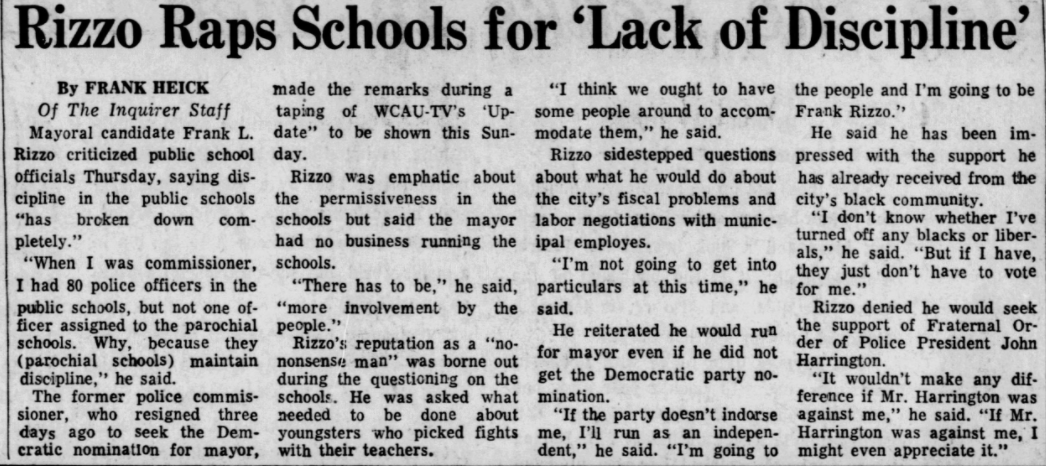 And sure enough, Rizzo -- now a mayoral candidate -- quickly seized on Freedman's death to say that there was a lack of discipline in public schools. He didn't promise any remedies, except to say that schools should have people to "accommodate" students who misbehave.