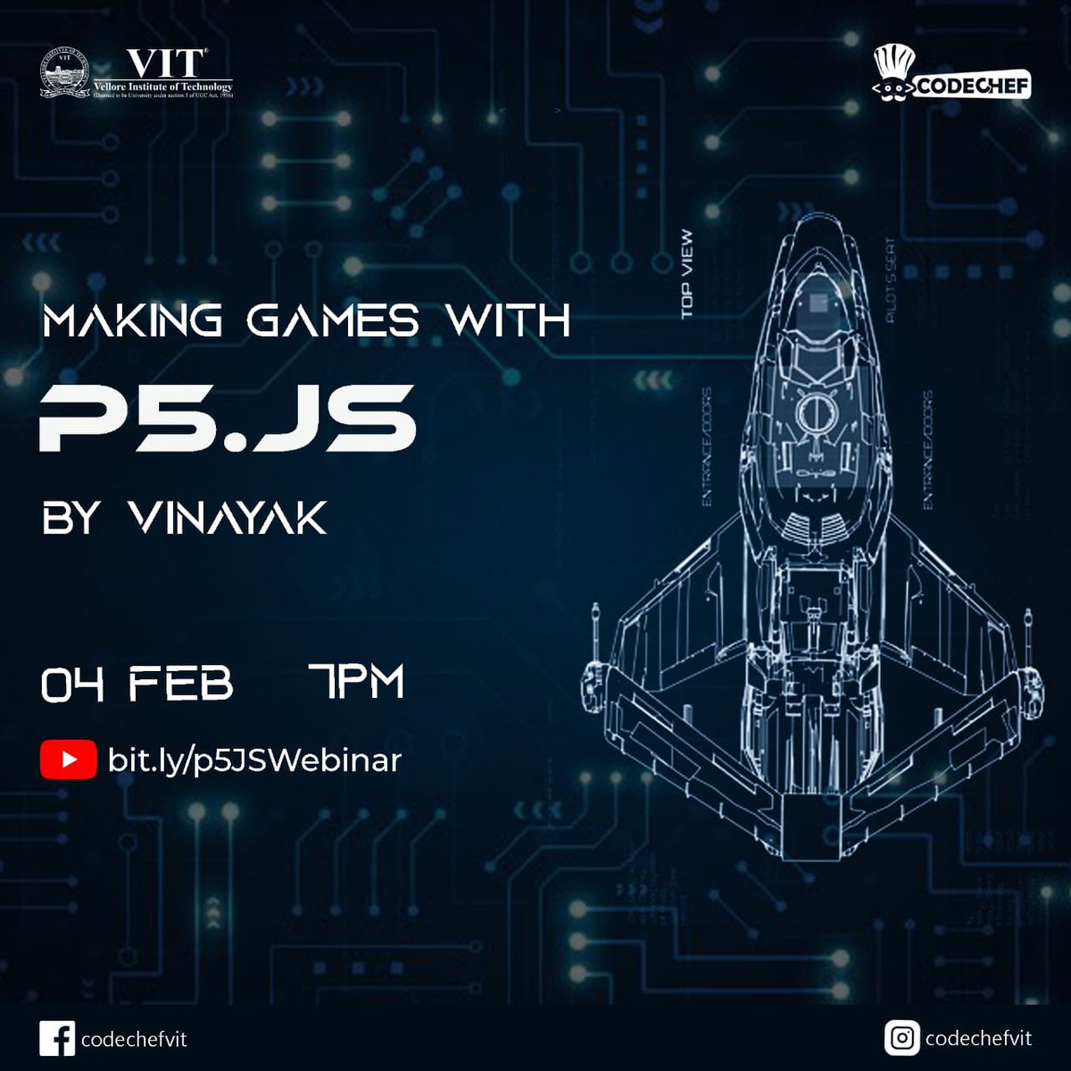 codechefvit's tweet image. Winning over opponents in a game is great but making a game from scratch is more exciting! #CodeChefVIT is thrilled to present to you all a #GameDev workshop using #p5js, in which you will be developing your own game. Join our core member Vinayak at bit.ly/p5JSWebinar ✨