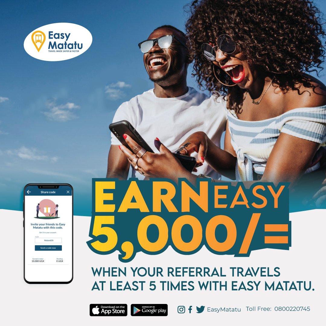 EasyMatatu's tweet photo. EARN easy 5,000/=
1. Download the Easy Matatu App
2. Share your Referral code with another person.
3. Get whopping 5000/= when they travel  5 times.

#EasyMatatu #safeTransportforAfrica
#africa #earn #referralprogram #2021 https://t.co/bNDd3vVUT6