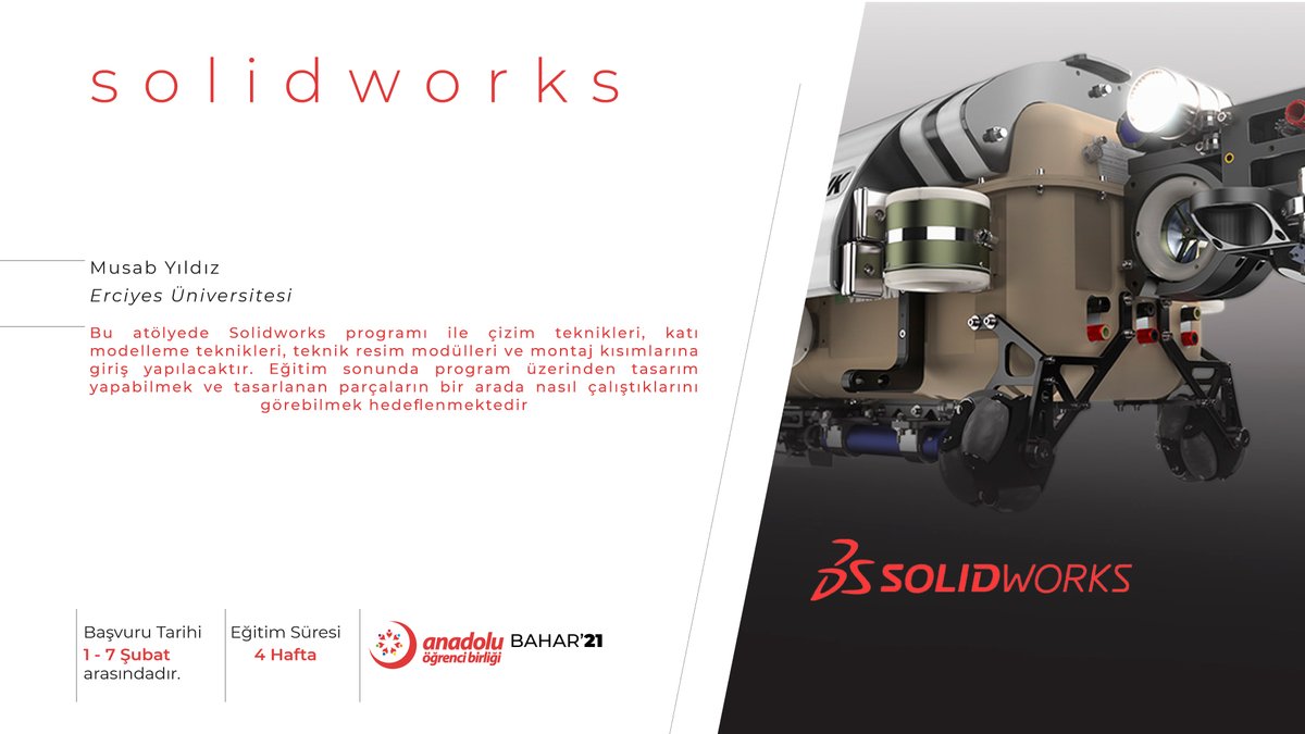 📌 Solidworks eğitimine kayıtlar başlamıştır.

Detaylı bilgi ve başvuru için ⤵️ 

🔗 anadoluogrenci.org/2021/02/01/bah…