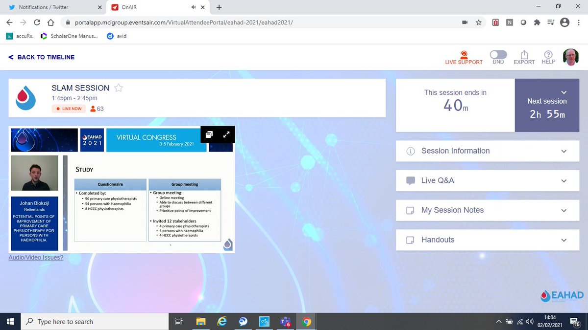 Johan Blokzijl presents results of #physiotherapy primary care for persons with #haemophilia. Guidelines, payment structures, communication and electronic notes needed
#EAHAD2021 #EAHAD2021AHP