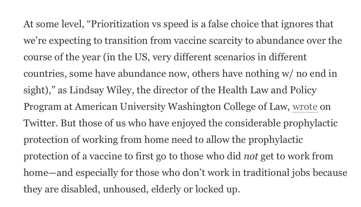 In this essay, I quote  @ProfLWiley of  @HealthAUWCL, who helps lay out why, ethically and epidemiologically, we who have been working from home (WFH) can wait a little longer  https://twitter.com/ProfLWiley/status/1355112822259245056