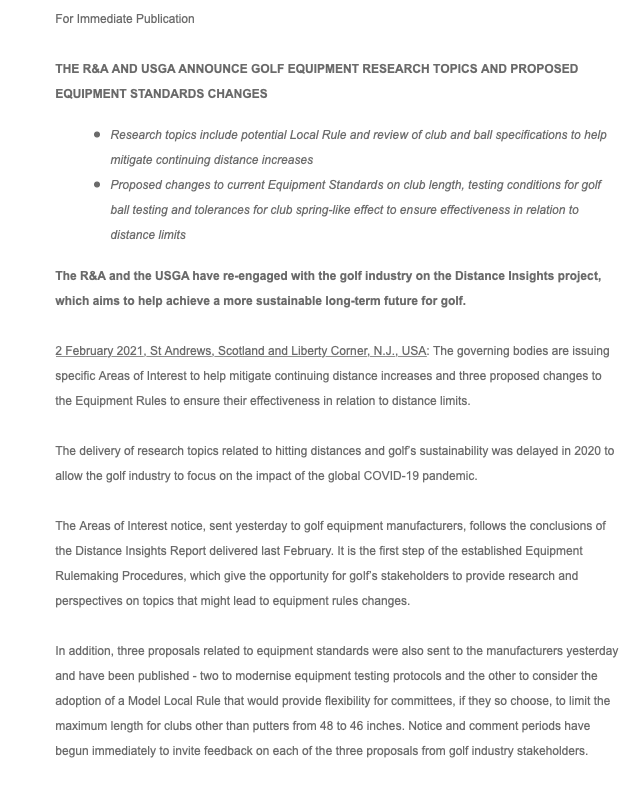 NoLayingUp's tweet photo. Huge news out of the USGA/R&amp;A: 

-Proposals sent to manufacturers for distance limiting rule changes (including limiting driver length to 46 inches)
-"Areas of Interest" notices sent to equipment manufacturers regarding... bifurcation! (local rule) https://t.co/9qpIxjWewb