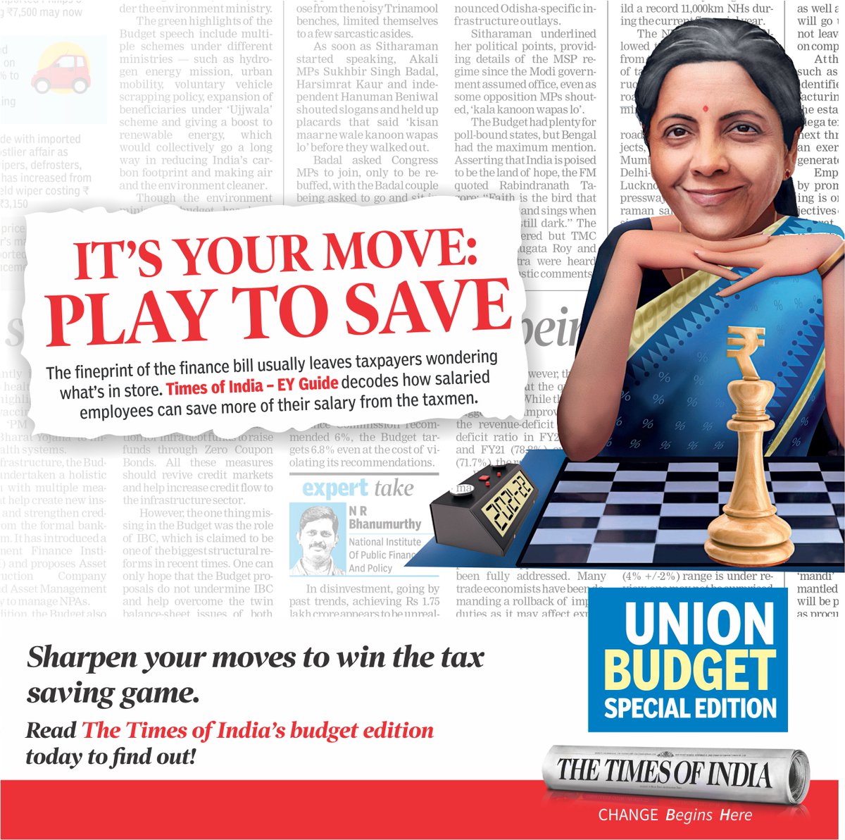 TOIHyderabad's tweet photo. Want to sharpen your tax saving game? Find everything that you need to know about it in The Times of Indiaās Union budget special edition. If you havenāt subscribed to TOI yet, visit https://t.co/8yWlqLyYo0 to start your copy.
#Budget2021 #BudgetEdition #BudgetWithTimes https://t.co/DNfh8cSME9