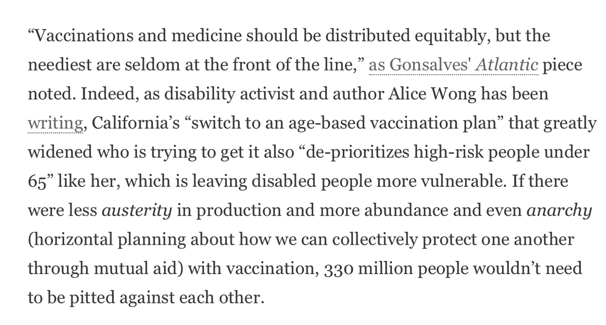 I also quote  @gregggonsalves and  @SFdirewolf on the ethical dilemmas of who being prioritized. The neoliberal-free-for-all of the rollout has encouraged us to disregard the most important ethical questions of our time, when they are staring right at us, demanding our attention