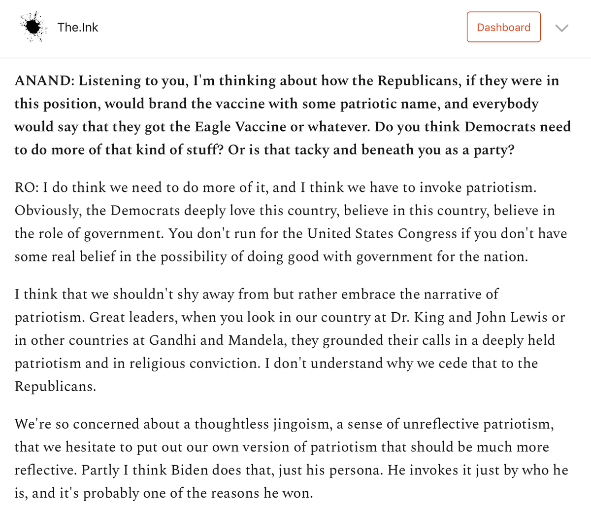 I asked  @RoKhanna about the left's reluctance to invoke patriotism, thus ceding it to fascists."We're so concerned about a thoughtless jingoism, a sense of unreflective patriotism, that we hesitate to put out our own version of patriotism that should be much more reflective."