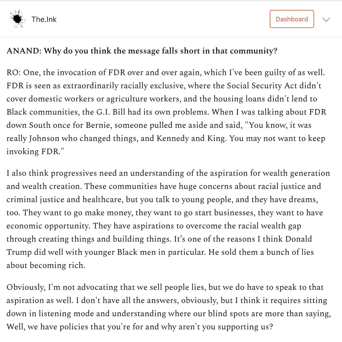 I talked with  @RoKhanna about why the progressive message has often failed to connect with Black voters in the South, and what progressives can do better. https://the.ink/p/rokhanna&nbsp;