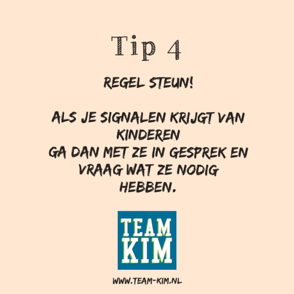 Gelukkig gaat het basisonderwijs weer open! 
Omdat wij ons ook zorgen maken over de kinderen die onveilig opgroeien en de zware tijd waar zij in zitten  hebben wij 5 tips voor leraren en andere professionals die met kinderen werken: Tip 4!

<a href="/MinOCW/">Ministerie van Onderwijs, Cultuur en Wetenschap</a> <a href="/MinVWS/">Ministerie van VWS</a>