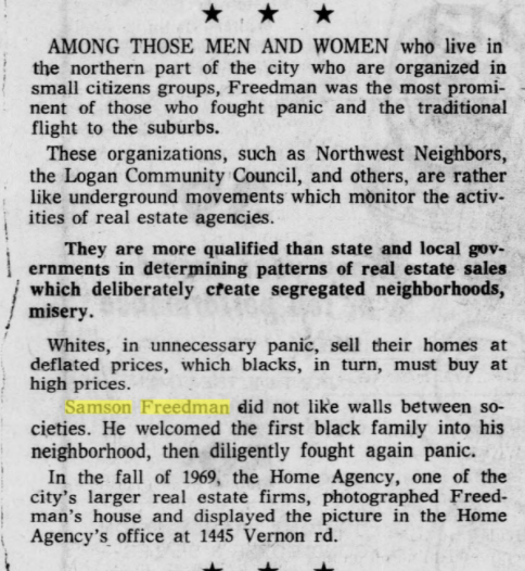 Freedman himself was a ceramics teacher who also taught remedial reading courses.Described as quiet and gentle, Freedman was deeply involved in NW Philly neighborhood groups. He fought for integration and against discriminatory housing practices like blockbusting.