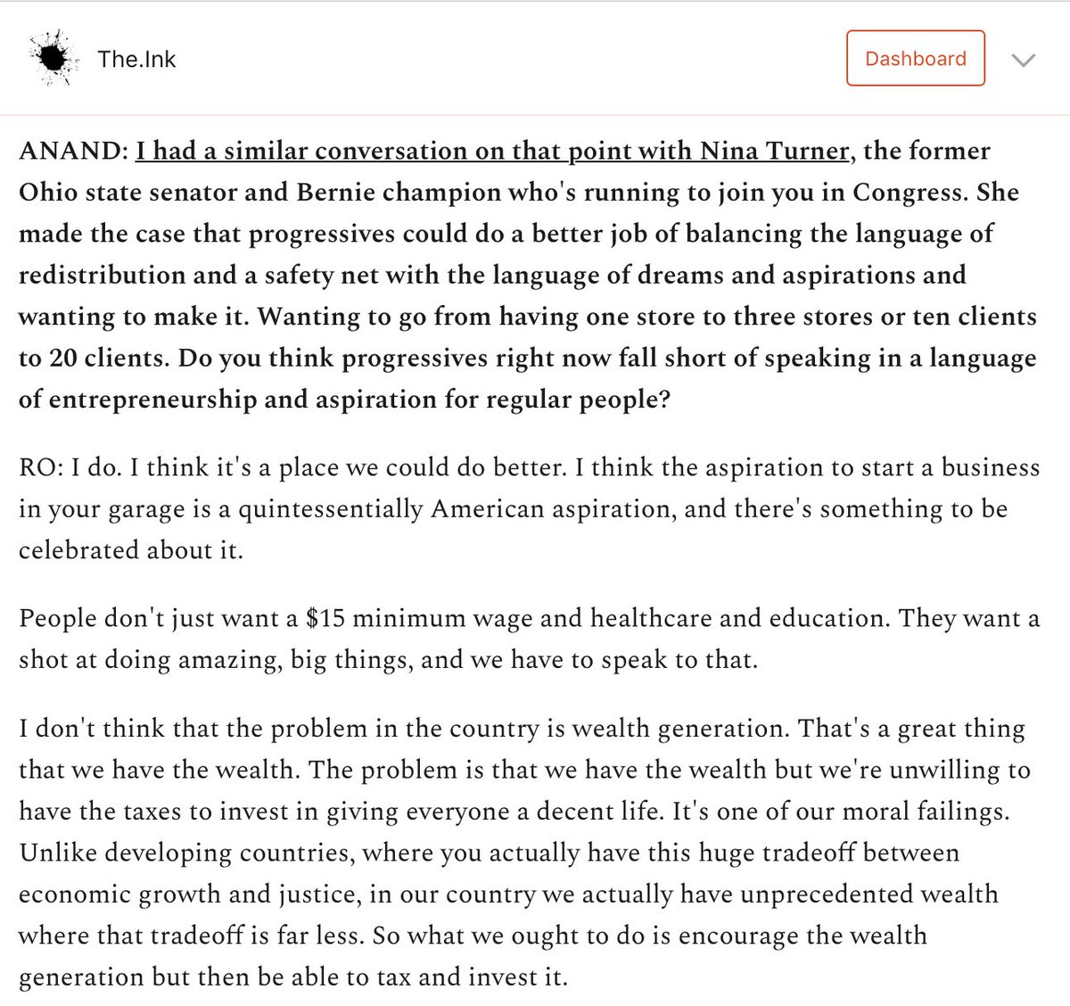 . @RoKhanna built on an idea that  @ninaturner articulated to me last month: progressives need to better distinguish predatory capitalism by the killer whales from the aspiration of entrepreneurship that throbs in millions of regular people's hearts. https://the.ink/p/rokhanna 