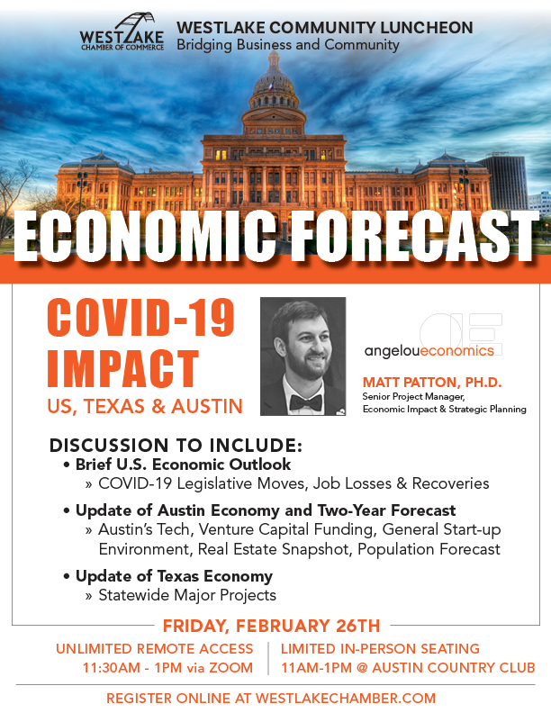 Join Westlake's Chamber of Commerce online event on Friday, February 26 at 11:30am discussing the economic forecast and the Covid-19 impact on the US, Texas, and Austin, featuring our very own Matt Patton, Ph.D. 

Free Admission - register here 👉tinyurl.com/2uyf96gd