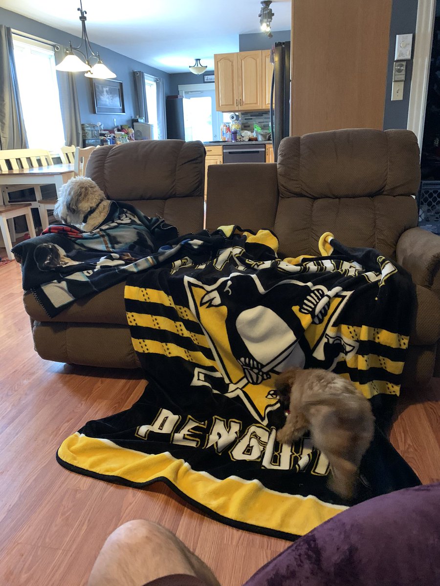 My boy Sam is wrapped up in his Crosby blanket and my little girl Sadie is playing on her pens blanket.