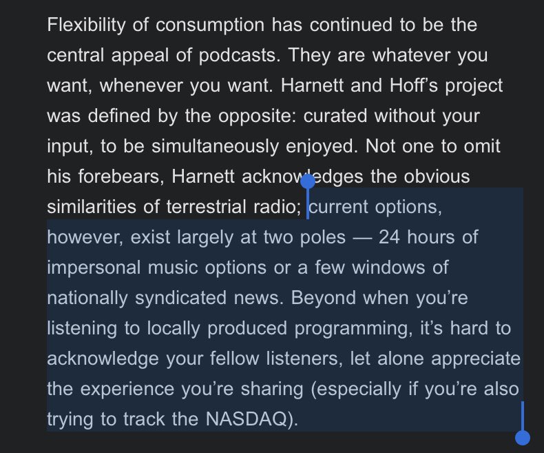 Ouch. Today’s HotPod just reduced terrestrial radio to “impersonal music” and news. There is a rich history and future of artful radio worldwide. I wish the podcast world would tune in to that more, rather than disregarding the airwaves and all they offer.