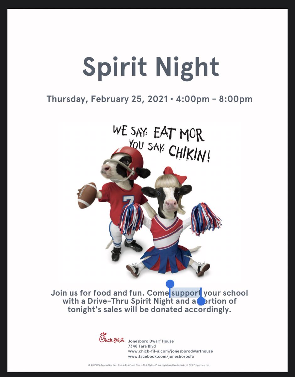 Greetings,

WE GO THE SPIRIT!!!! YES, WE DO!!!!! Lillie E Suder Elementary School will host a Spirit Night on Thursday, February 25, 2021 at the Jonesboro Dwarf House from 4 PM-8 PM. Please let the staff member at Chick-fil-A know that you are a SUDER WILDCAT!!!!

#WILDCATPRIDE