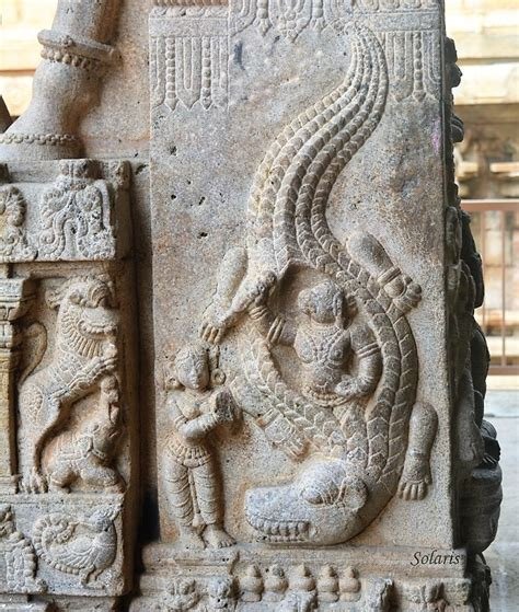 On stepping into pond, hanuman was swallowed by a huge crocodile. #Hanuman uses all his strength then tore out the belly of crocodile and emerges unscathed.Crocodile happened to be an apsaras -Dhanyamaali who was cursed by Daksha take this form.Apsaras thanks hanuman.