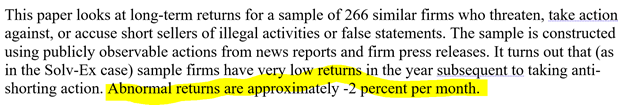 24/ And for you media types, the academic research even looks at returns from companies that ACTIVELY TRY AND FIGHT BACK AGAINST SHORTS. You’ll never guess, but the firms that put up the biggest fight against evil shorty perform even worse than the average highly shorted name.