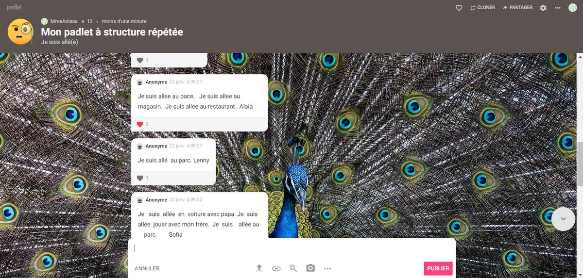BenmessabihA's tweet photo. Padlet à structure répétée. Les élèves de 1ère année utilisent le @padlet en #synchrone pour écrire leur texte à structure répétée. #grade1 #enseignementenligne #les5auquotidien #écriture #enseignementspiralé #centresdapprentissage @GabrielleRoyTO https://t.co/EY3ALOPIoD