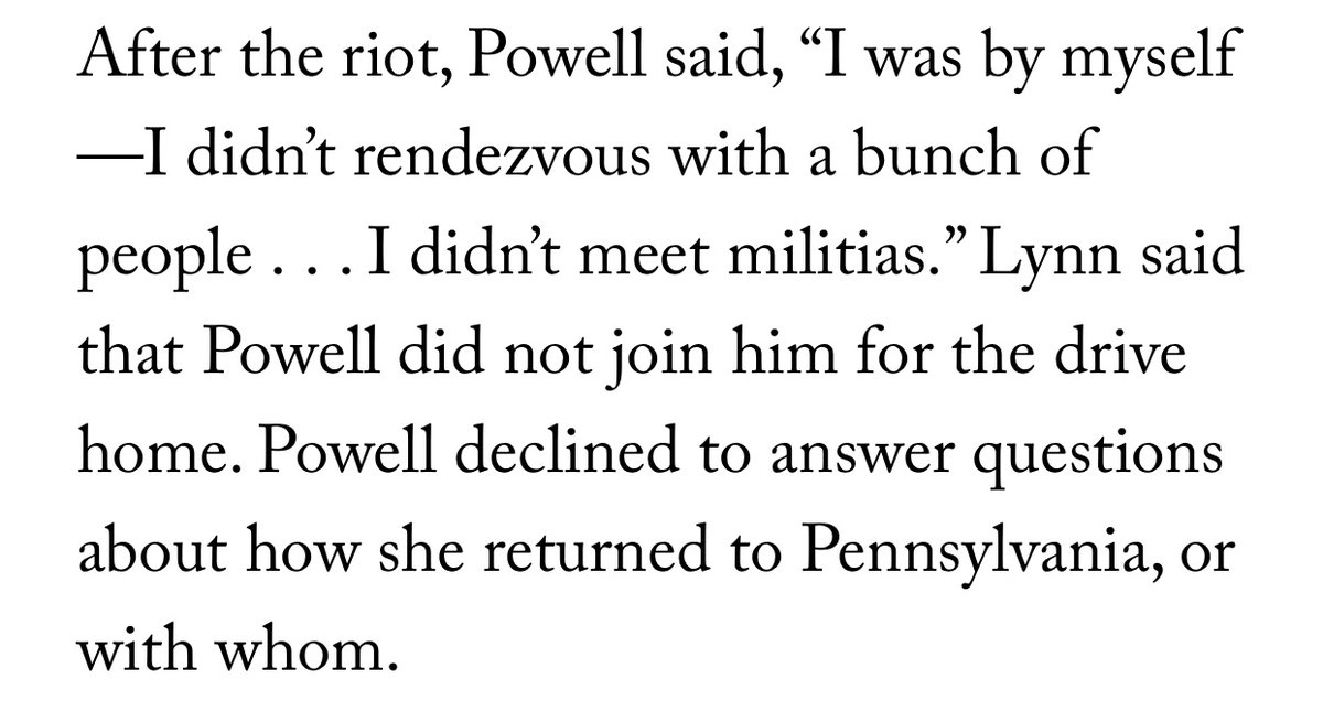 Powell said that she, unlike some of the other insurrectionists on whom I have reported, was not part of any militia or organized group. However she did decline questions about her company after the riot.