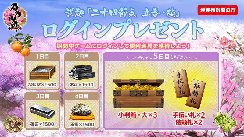 刀剣乱舞 Online 運営 1 3 景趣 二十四節気 立春 梅 ログインプレゼント 2月3 日 水 0 00 2月17日 水 23 59までの期間 ゲームにログインすると最大5日 5回 報酬が受取箱に配布されます 配布は1アカウント1回限りです ログインプレゼント