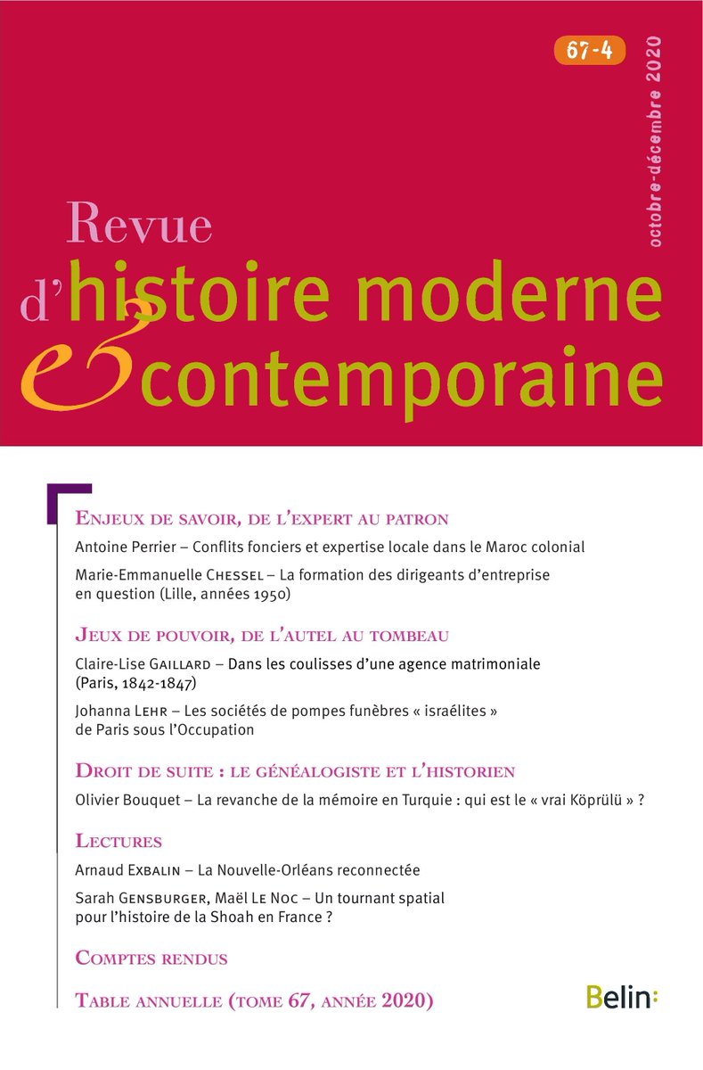 Le numéro 67-4 de la Revue d'histoire moderne &amp; contemporaine est maintenant disponible. Articles à découvrir sur Cairn (cairn.info/revue-d-histoi…). #rhmc #Belin #Cairn