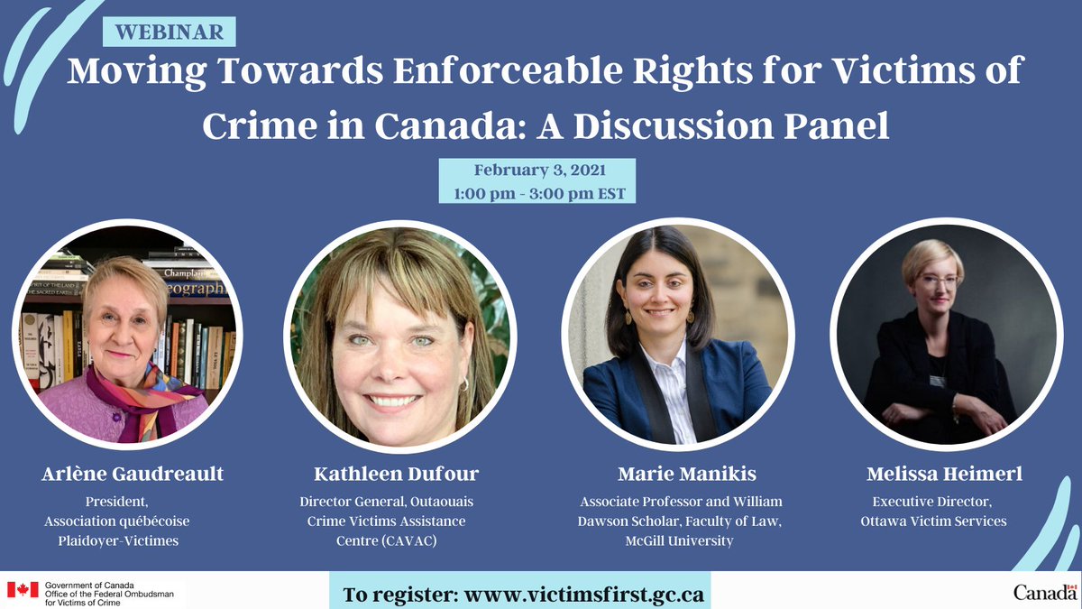 OFOVC's tweet image. Join the Ombudsman and a panel of experts tomorrow for a discussion on the #enforceability of #VictimsRights in Canada. Sign up here: bit.ly/2LEUPHg Learn more about the panelists here: bit.ly/3nJBBh4 

#ReviewTheVictimsBill